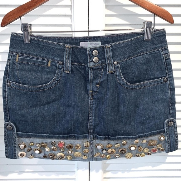 Upcycled Dresses & Skirts - Upcycled Mini Denim Skirt with vintage gold buttons Size 7